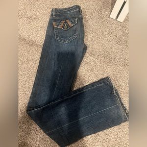 Paige Fair fax Leather Trim Back Pocket Bootcut Premium Denim Blue Jeans Size 25